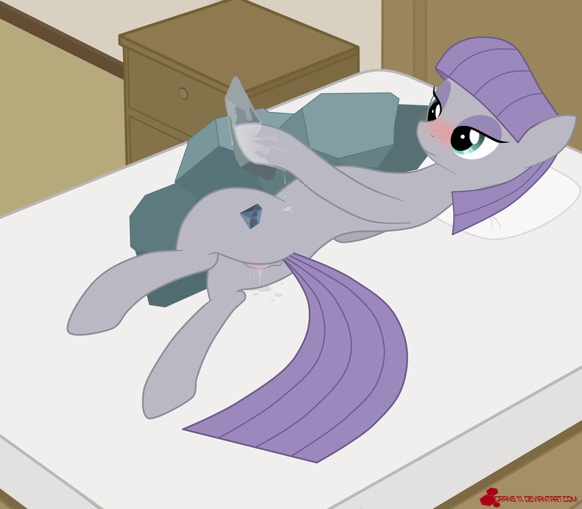absurd_res bed blush cutie_mark cyan_eyes dildo equine female friendship_is_magic hair hi_res horse lying mammal maud_pie_(mlp) my_little_pony orange111 pony purple_hair pussy pussy_juice rock sex_toy solo wet