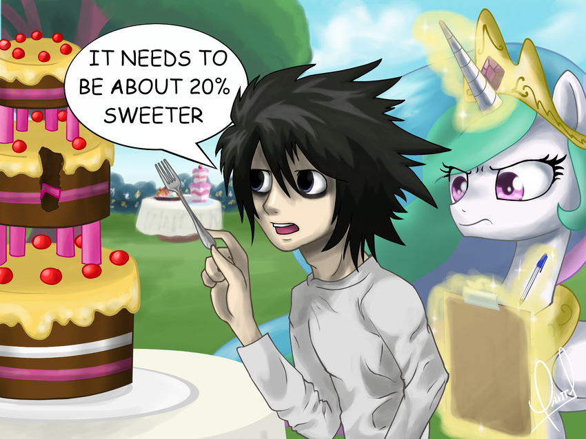 cake clothing crossover crown death_note dialog english_text equine female food friendship_is_magic fur hair horn human l_(death_note) long_hair mammal multi-colored_hair my_little_pony open_mouth pen princess_celestia_(mlp) purple_eyes signature table teeth text white_fur winged_unicorn wings zorbitas