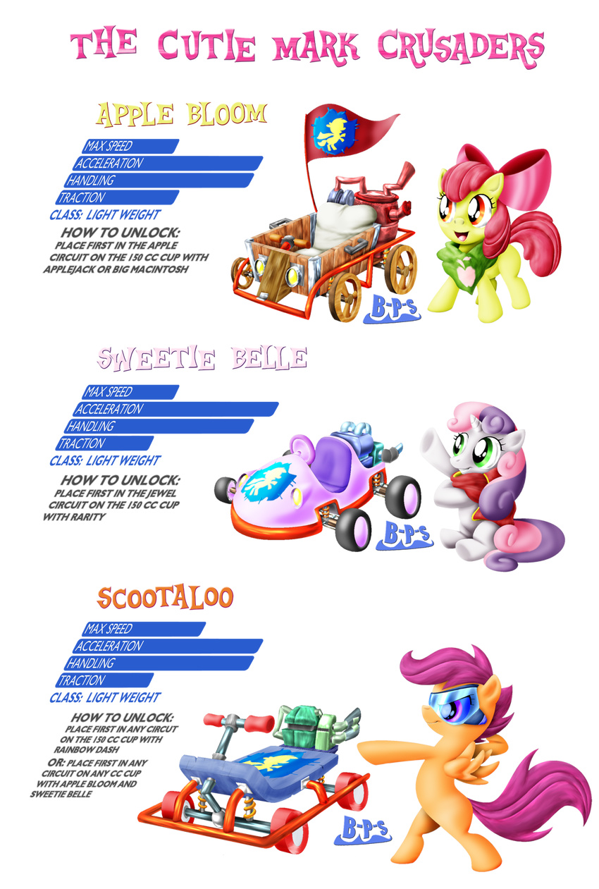 blue-paint-sea bow cutie_mark_crusaders_(mlp) equine eyewear female flag friendship_is_magic goggles horn horse kart mammal my_little_pony pegasus pony scarf scootaloo_(mlp) smile sweetie_belle_(mlp) unicorn vehicle wheels wings young