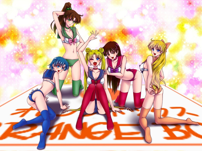 :d adapted_costume adjusting_clothes adjusting_panties aino_minako ass bishoujo_senshi_sailor_moon blonde_hair blue_eyes blue_footwear blue_hair blue_legwear blue_panties blue_sailor_collar blush boots bow bra breasts brown_eyes brown_hair choker cleavage earrings green_choker green_eyes green_legwear green_panties green_sailor_collar h@ruki hair_bobbles hair_bow hair_ornament hand_behind_head hino_rei inner_senshi jewelry kino_makoto kneeling long_hair medium_breasts midriff mizuno_ami multiple_girls one_eye_closed open_mouth orange_choker orange_legwear orange_panties panties pink_bow ponytail red_bow red_choker red_legwear red_panties red_sailor_collar sailor_collar sailor_jupiter sailor_mars sailor_mercury sailor_moon sailor_moon_narikiri_bra_set sailor_senshi sailor_senshi_uniform sailor_venus short_hair sitting smile thighhighs tsukino_usagi twintails underwear underwear_only very_long_hair white_bra