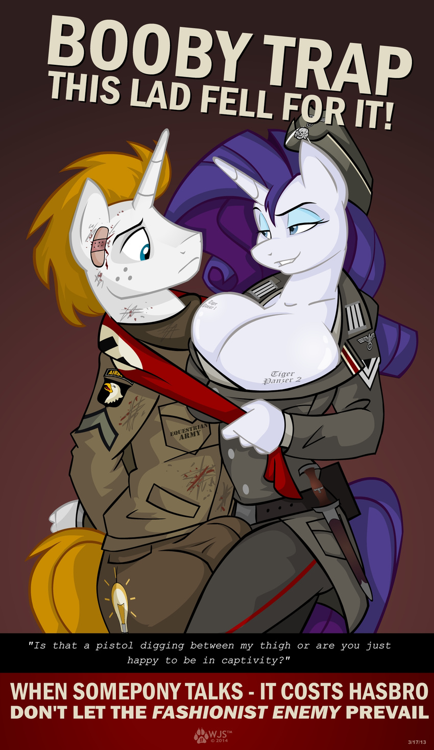 air_force anthro anthrofied avian badge band-aid big_breasts bird blonde_hair blood blue_eyes breasts bulge cleavage clothed clothing dagger dirt eagle english_text equine erection eyeshadow female flag freckles friendship_is_magic german hair hat horn horse huge_breasts knife makeup male mammal my_little_pony nazi nazi_flag original_character penis pony rarity_(mlp) skull ss swastika text unicorn uniform weapon wolfjedisamuel wounded