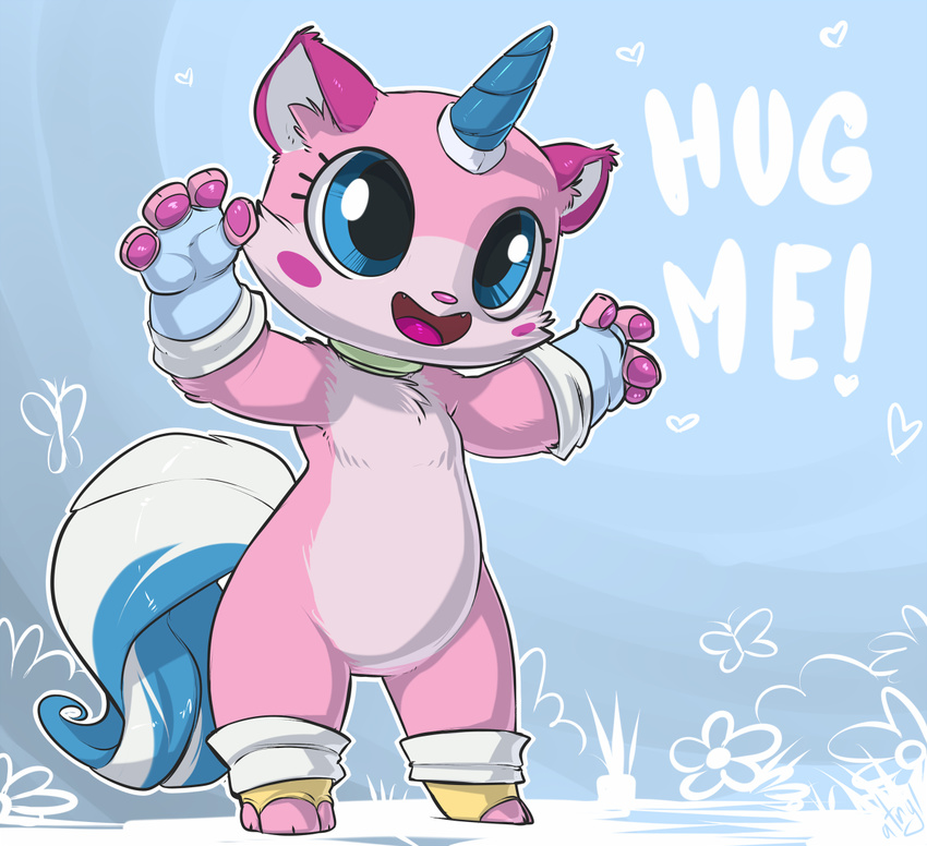 &lt;3 2014 4_fingers :d anthro anthrofied arthropod atryl barefoot big_eyes blue_eyes blush butterfly cat cute english_text eyelashes feline fur gloves happy hi_res horn insect lego mammal nude open_mouth pawpads paws pink_fur raised_arm sharp_teeth smile solo standing teeth text the_lego_movie tongue unikitty