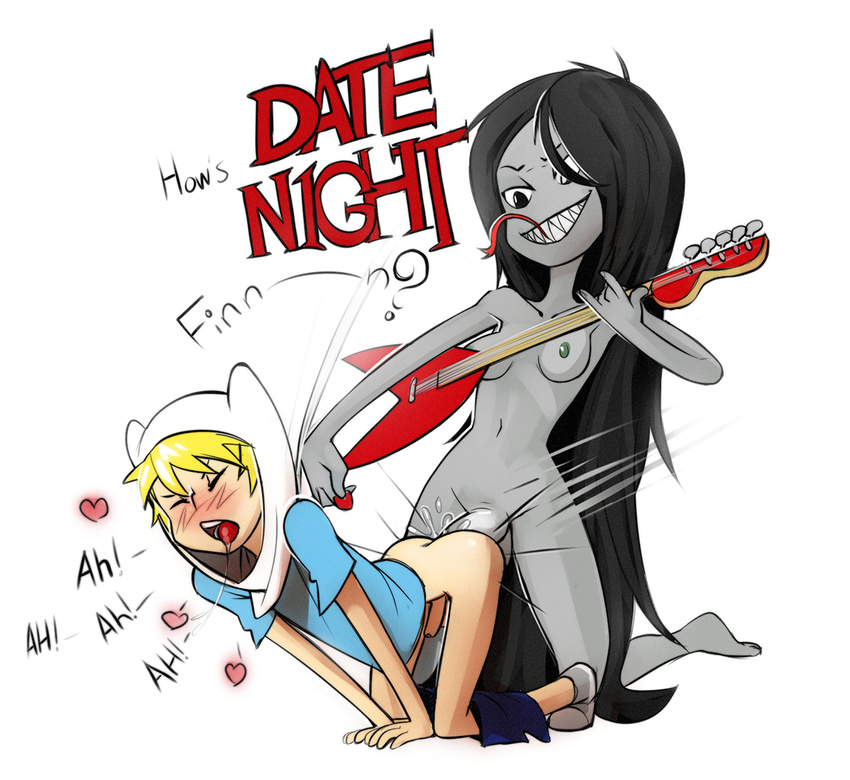 adventure_time anal anal_penetration breasts clothing dialog dickgirl finn_the_human forked_tongue grey_skin guitar hat intersex kneeling male marceline nipples nude penetration sex shirt shoes shorts text tongue tongue_out vampire