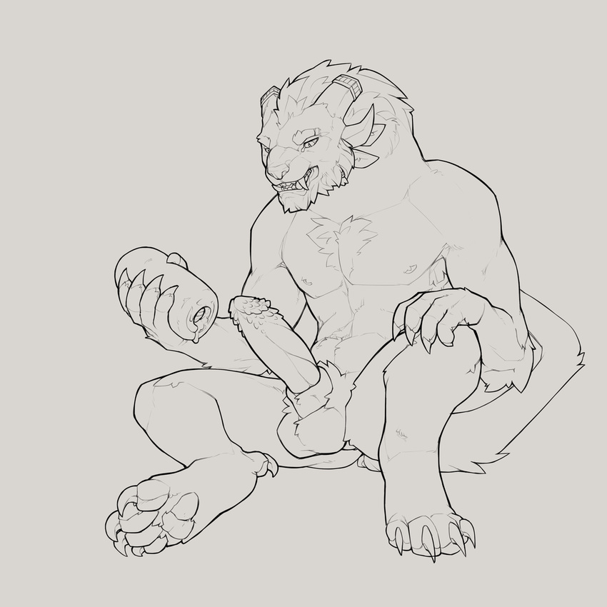 4_toes balls barbs charr claws cum digitigrade erection fangs feline guild_wars hindpaw horn line_art looking_down male mammal monochrome multiple_ears navel nude pawpads paws penis plain_background sex_toy sitting snowskau soles solo toes toned video_games white_background