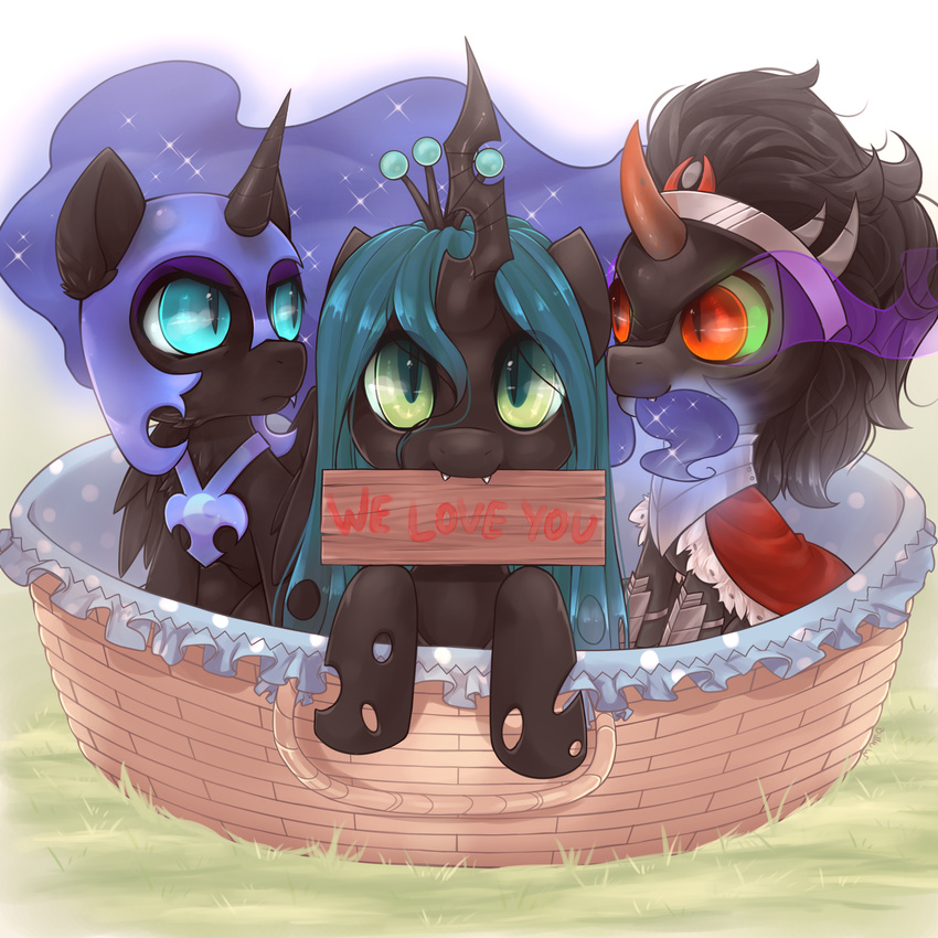 absurd_res armor basket biting_hair black_hair blue_hair changeling crown cute english_text equine eye_mist eyeshadow fangs female friendship_is_magic green_hair group hair helmet hi_res horn horse king_sombra_(mlp) makeup male mammal missangest my_little_pony nightmare_moon_(mlp) pony queen_chrysalis_(mlp) red_eyes sign slit_pupils sparkles straight_hair text unicorn winged_unicorn wings young