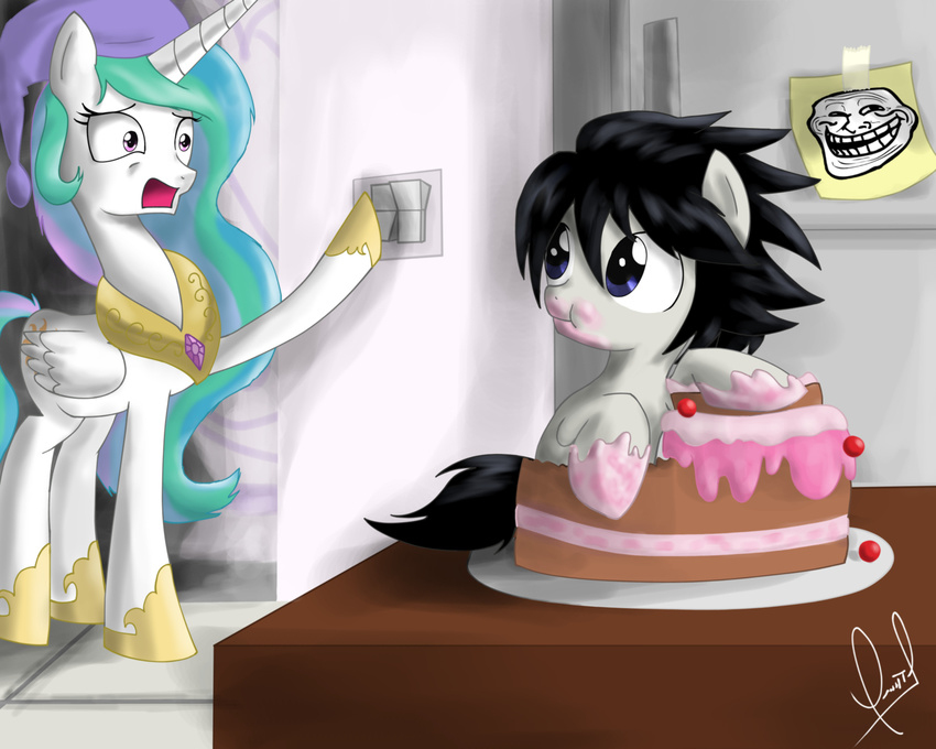 death_note equine female food friendship_is_magic fur hair hat hi_res horn horse male mammal multi-colored_hair my_little_pony open_mouth pony princess_celestia_(mlp) signature tape white_fur winged_unicorn wings zorbitas