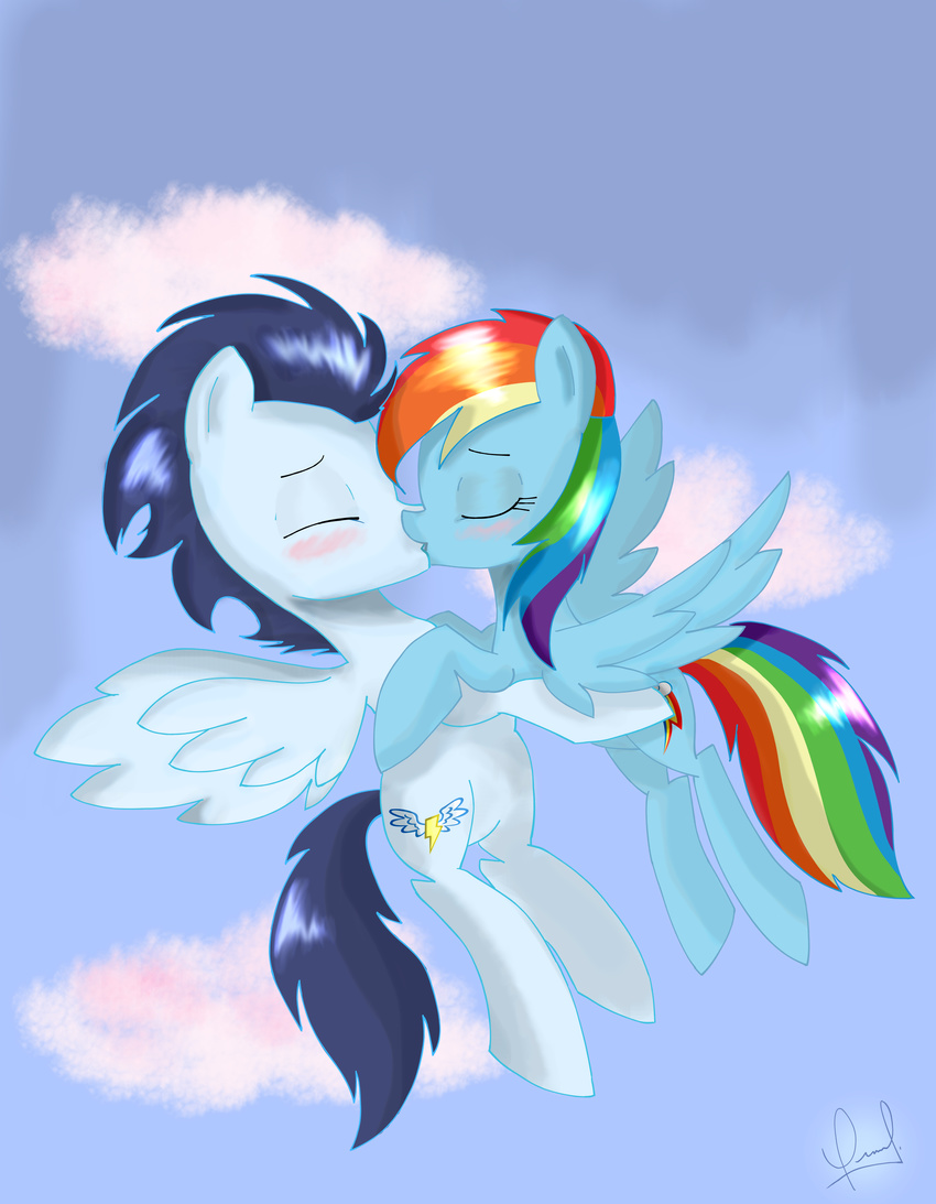 blue_fur blush cloud couple cutie_mark duo equine eyes_closed female flying friendship_is_magic fur hair hi_res kissing mammal multi-colored_hair my_little_pony pegasus rainbow_dash_(mlp) rainbow_hair signature sky soarin_(mlp) wings wonderbolts_(mlp) zorbitas