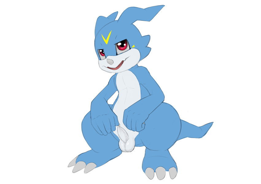 5_fingers anthro balls barefoot claws digimon dragon dreiker erection happy hi_res horn looking_at_viewer male nude open_mouth penis plain_background smile solo standing toe_claws tongue uncut veemon white_background