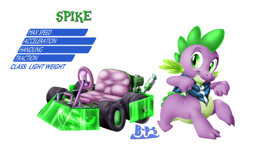 blue-paint-sea dragon friendship_is_magic green_eyes kart male mammal my_little_pony scarf smile spike_(mlp) vehicle wheels