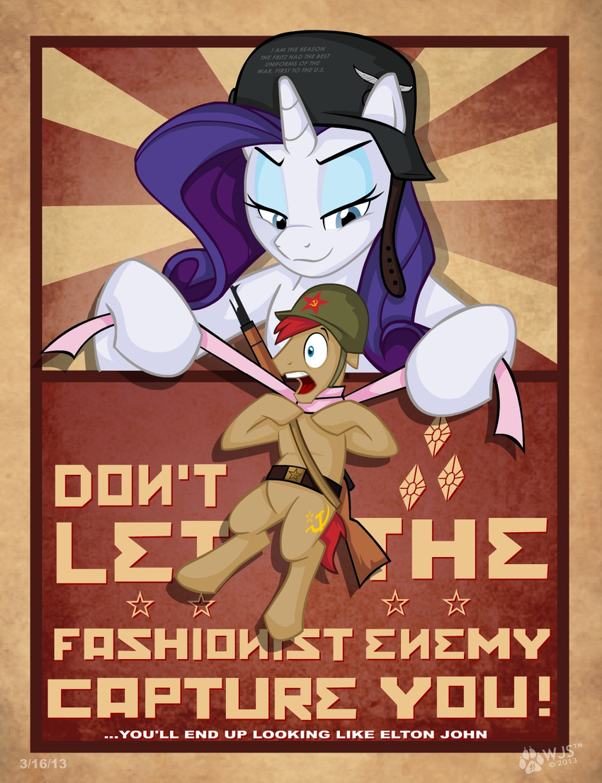 belt blue_eyes communist cutie_mark english_text equine eyeshadow female friendship_is_magic german gun hair hammer_and_sickle helmet horse makeup male mammal military mosin_nagant my_little_pony original_character pony poster propaganda purple_hair ranged_weapon rarity_(mlp) red_hair ribbons rifle russian sovien_union soviet_union text weapon wolfjedisamuel