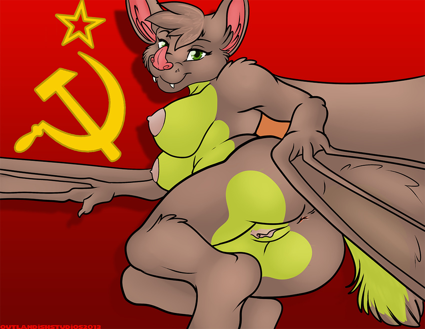 anus bat breasts butt fangs female hammer_and_sickle looking_at_viewer mammal nipples nude outlandish_studios pinup pose pussy realistic_wings russia solo soviet_union wings