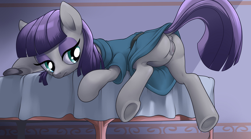 anus blue_eyes boulder_(mlp) butt clothing equine female feral friendship_is_magic fur grey_fur hair half-closed_eyes horse inside lying mammal maud_pie_(mlp) my_little_pony on_front pony purple_hair pussy solo stoic5 table