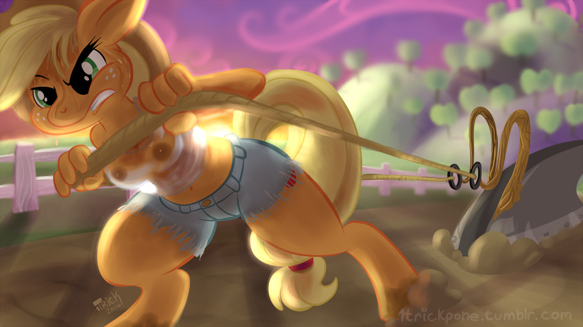 2014 anthro anthrofied applejack_(mlp) areola blonde_hair breasts clenched_teeth clothed clothing cutie_mark dirt equine female fence freckles friendship_is_magic fur green_eyes hair hairband hat horse mammal my_little_pony navel nipples onetrickpony orange_fur outside plow plowing pony rope shirt shorts sky solo sweat teeth tree working