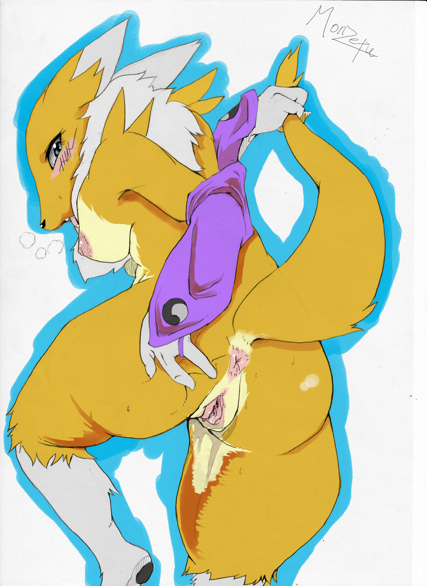 areola blue_eyes blush breasts breath butt canine digimon female fox fur hand_on_butt hanging_breasts looking_at_viewer mammal monzetu nipples nude open_mouth panting pawpads pussy pussy_juice raised_tail renamon side_boob solo spreading tongue white_fur yellow_fur