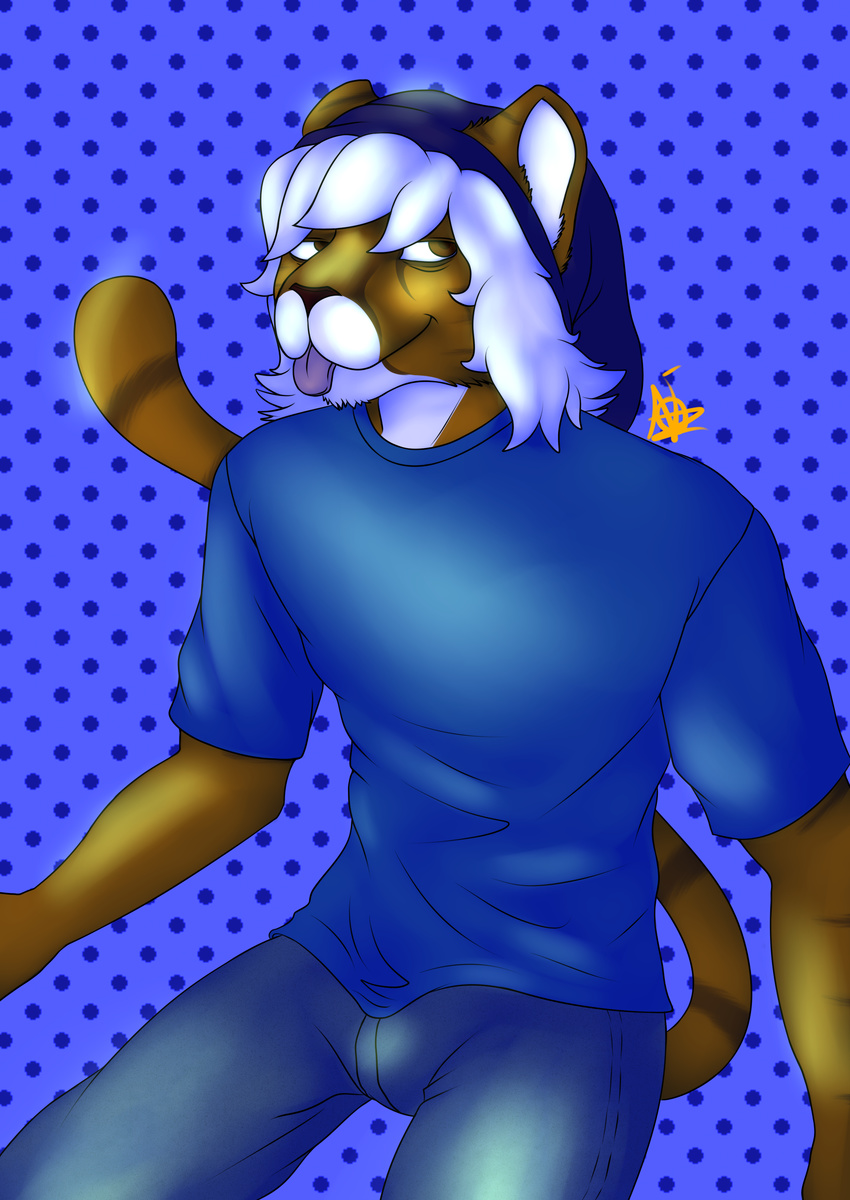 anthro baggy_eyes beanie bipedal blue_background blue_beanie blue_theme brown_eyes brown_markings brown_skin brown_stripes bulge clothed clothing countershade_face countershading curly_hair curly_white_hair digital_media_(art) dotted_background feline front_view fur hair hat jeans looking_away male mammal noiz noiz_(noiz) orange_fur plain_background polka_dots_background round_ears shirt signature sitting skinny_tail solo stripes three-quarter_portrait three-quarter_view tiger tongue tongue_out white_countershading white_hair