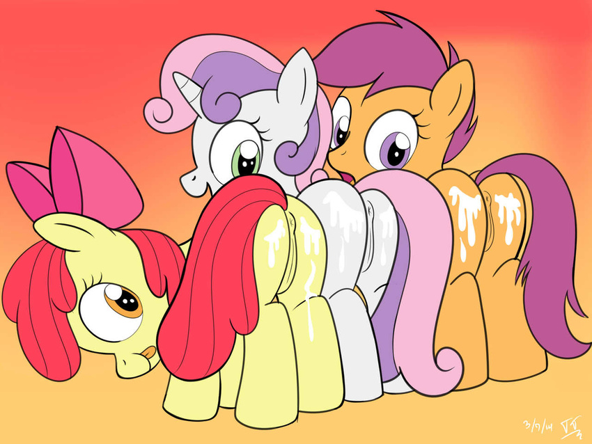 anus apple_bloom_(mlp) bow butt cub cum equine female friendship_is_magic fur hair horn horse mammal my_little_pony orange_fur pony pussy red_hair scootaloo_(mlp) sweetie_belle_(mlp) tomtornados two_tone_hair unicorn white_fur young