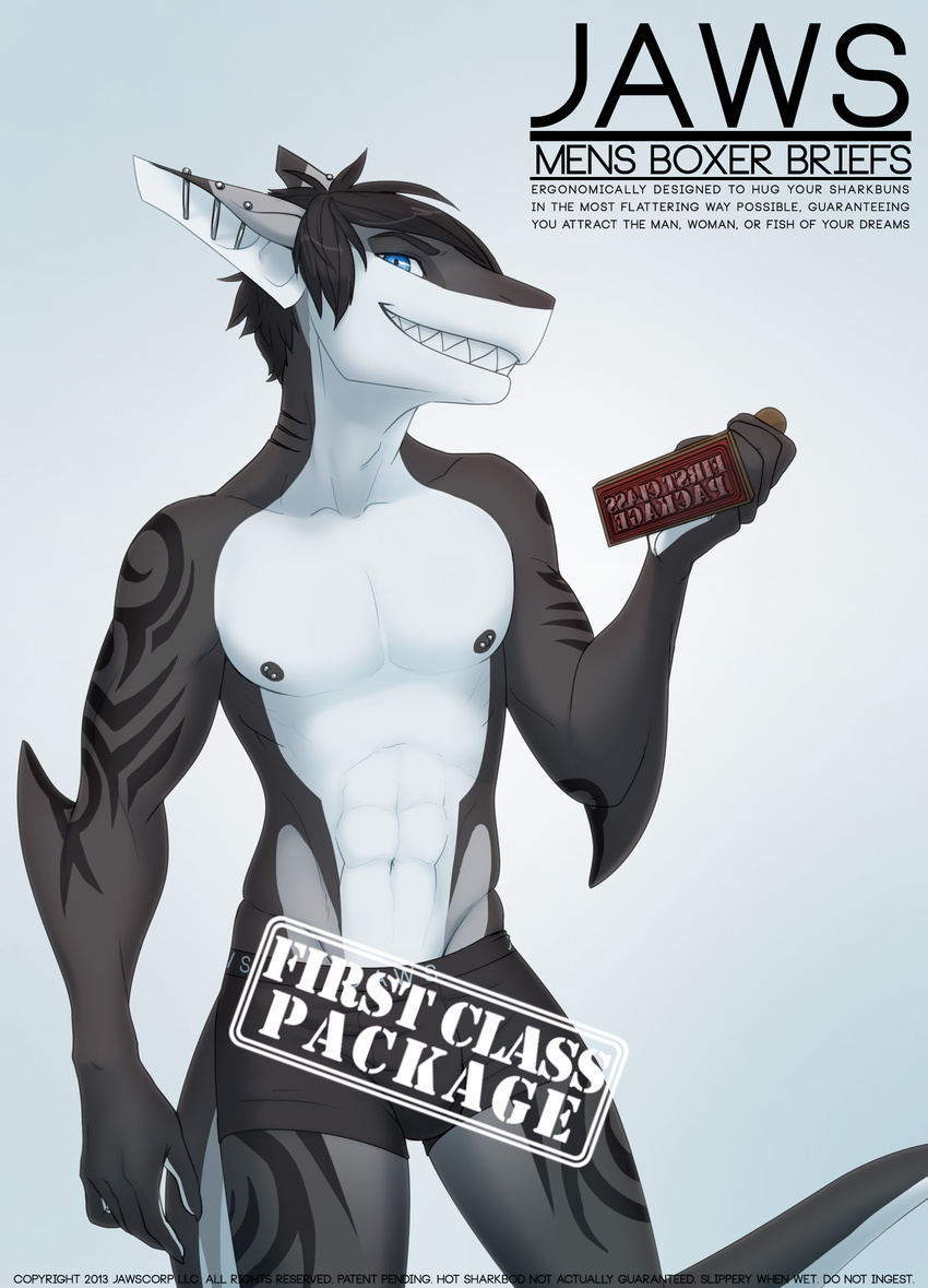 abs anthro biceps black_hair blue_eyes boxer_briefs boxers bulge clothing cute ear_piercing fish grin hair looking_at_viewer male mammal marine muscles nipple_piercing nipples pecs piercing piranhapettingzoo pose riptide riptideshark shark smile solo standing tattoo teeth toned topless underwear