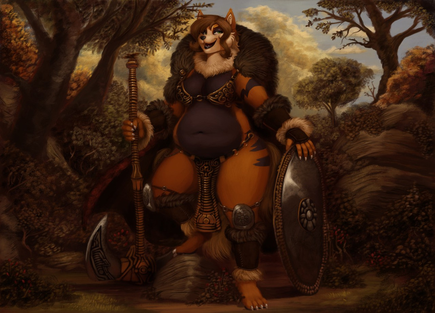 4_toes anthro arcanine armor barefoot belly black_lips black_nose bra breasts brown_fur brown_hair canine chubby claws da_polar_inc detailed detailed_background female fingerless_gloves forest front fur garter gloves grass green_eyes ground hair holding loincloth looking_at_viewer mammal metal multicolor_fur nature navel nintendo orange_fur overweight pinup pok&#233;mon pok&#233;morph pok&eacute;mon pose shield sky smile solo standing thick_thighs tree two_tone_fur underwear video_games warrior weapon white_claws wide_hips wood