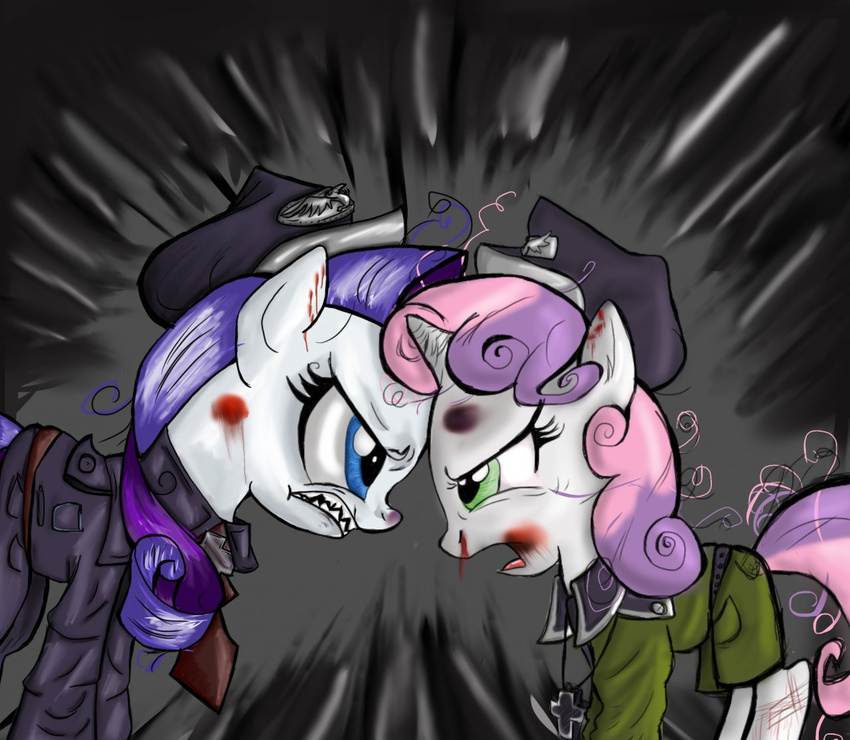 bleeding blood bruise clothed clothing cr4zyl4dy duo equine female feral fight friendship_is_magic horn horse mammal my_little_pony nosebleed pony rarity_(mlp) sibling sisters sweetie_belle_(mlp) unicorn