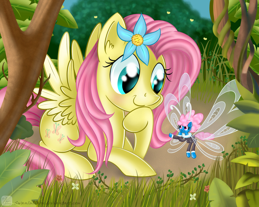 arthropod blue_eyes blue_fur breezie bush clothing cutie_mark duo equine female flower fluttershy_(mlp) flying forest friendship_is_magic fur grass hair horse insect leaf long_hair male mammal my_little_pony pegasus pink_hair pony purple_eyes seabreeze_(mlp) swanlullaby tree vein wings yellow_fur