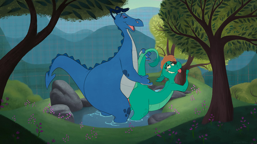 adam_wan anthro bent_over big_butt blush butt crossover disney dragon erection eyelashes eyes_closed female from_behind grasp hair half-closed_eyes happy hi_res loch_ness_monster looking_up male nessie nude open_mouth outside penetration penis pond rock scalie sex short_hair smile standing straight teeth the_ballad_of_nessie the_reluctant_dragon tongue tongue_out tree water wet wood