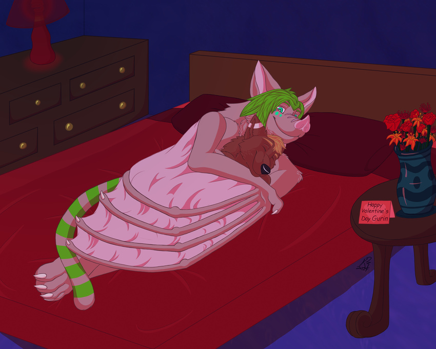 bat bed card cuddling english_text feline flower green_stripes holidays hybrid killerwolf1020 male mammal on_bed pink_nose pink_wings redfox smile text tiger valentine's_day valentine's_day
