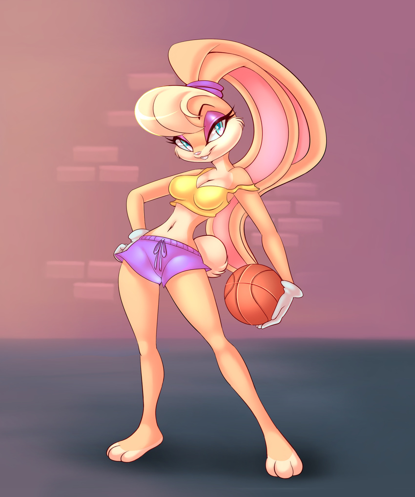 anthro basket_ball basketball big_breasts blonde_hair blue_eyes breasts cleavage clothed clothing female hair lagomorph lola_bunny looking_at_viewer loony_toons mammal navel rabbit sif smile solo space_jam warner_brothers