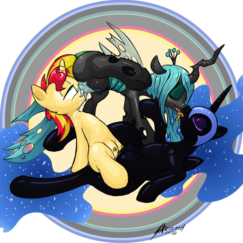 absurd_res areola black_body blue_hair changeling equestria_girls equine eyes_closed female feral friendship_is_magic group group_sex hair half-closed_eyes hi_res horn horse lesbian mammal my_little_pony nightmare_moon_(mlp) nipples oral pony pussy queen_chrysalis_(mlp) sex shinekolt sunset_shimmer_(eg) teats tongue tribadism two_tone_hair unicorn winged_unicorn wings