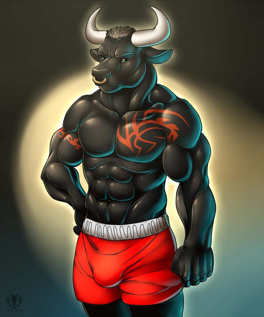 abs anthro biceps big_muscles black_body black_fur black_hair black_nose black_skin bovine boxers bulge clothing facial_piercing fur green_eyes hair horn hunter_auroch looking_at_viewer male mammal muscles nose_piercing nose_ring pecs piercing plain_background pose ripped shiny shorts simple_background solo standing tattoo the_spiner toned topless underwear vallhund