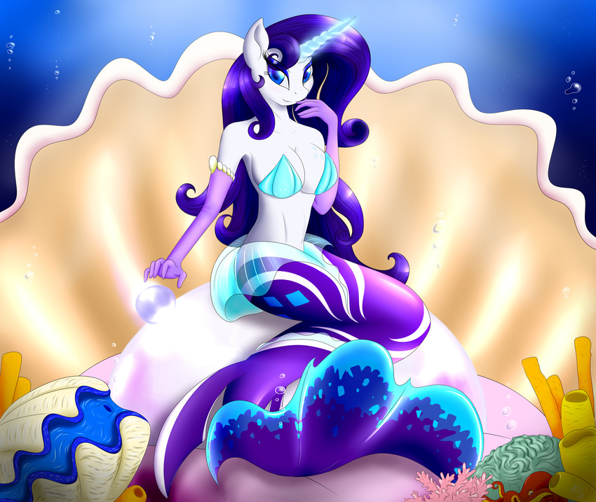 anthro anthrofied blue_eyes blumagpie bra breasts bubble cleavage clothed clothing coral coral_reef cutie_mark elbow_gloves equine eyeshadow female friendship_is_magic gloves glowing hair hi_res horse looking_at_viewer magic makeup mammal mermaid my_little_pony oyster pearl pony purple_hair rarity_(mlp) shell sitting solo sparkles underwater underwear water