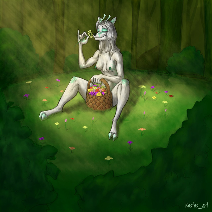 breasts canine cervine eyes_closed female flower forest hair horn hybrid kostos_art mammal nipples nude sitting smile sniffing solo tree