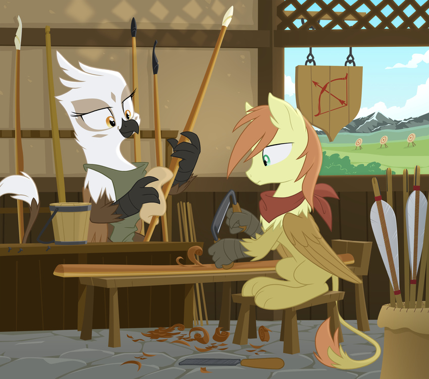 apron arrow avian beak bow_(weapon) carving equestria-prevails female green_eyes gryphon hair hi_res hippogryph hybrid male my_little_pony orange_hair original_character polearm quiver ranged_weapon scarf sitting spear target tools weapon wings