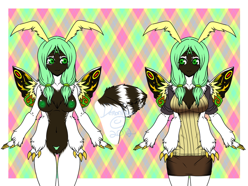 antennae areola arthropod breasts claws clothing female fluffy fur green_eyes green_hair hair hairband hi_res insect looking_at_viewer miniskirt moth multi_limb multicolor_fur nipples nyuumew_(artist) pattern_background pubes pussy shorts signature solo thorax two_tone_fur wings