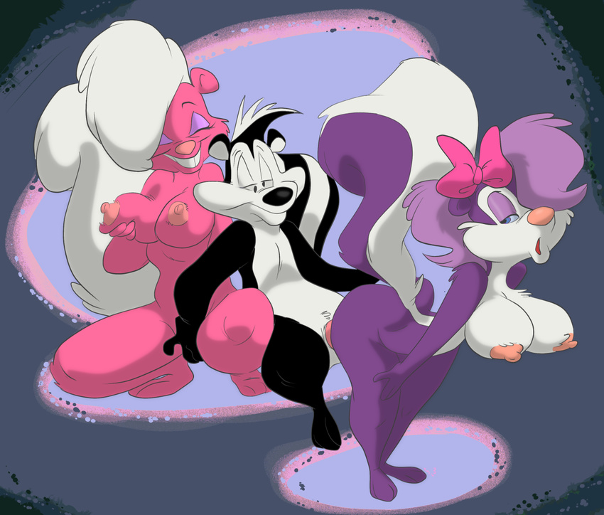 anthro bent_over big_nipples bimbette bow breasts erection eyelashes female fifi_la_fume fur group group_sex hair_bow half-closed_eyes happy hi_res looking_back looney_tunes male mammal nipples nude open_mouth penetration penis pep&#233;_le_pew pep&eacute;_le_pew sex sitting skunk slb smile standing straight teeth threesome tiny_toon_adventures tiny_toons warner_brothers
