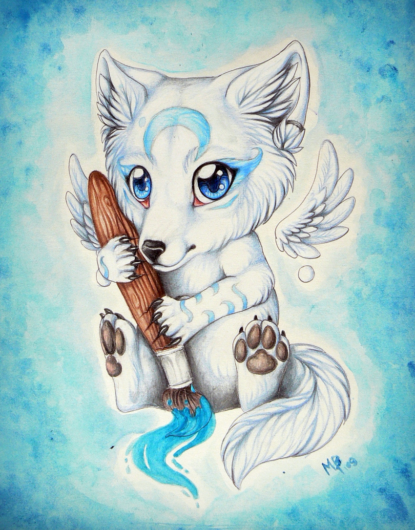 abstract_background ambiguous_gender anthro blue_eyes brush canine chibi claws cute feathers fur mammal painting pawpads sitting wings wolf wolf-minori