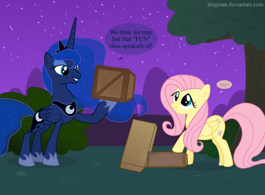 blue_eyes blue_fur blue_hair box bush cardboard cutie_mark dialog diegotan duo english_text equine female feral fluttershy_(mlp) friendship_is_magic fur hair hi_res hooves horn horse horseshoe mammal mane my_little_pony night outside pegasus pink_hair pony princess_luna_(mlp) shadow sky smile stars tetris text tiara tree winged_unicorn wings wood yellow_fur