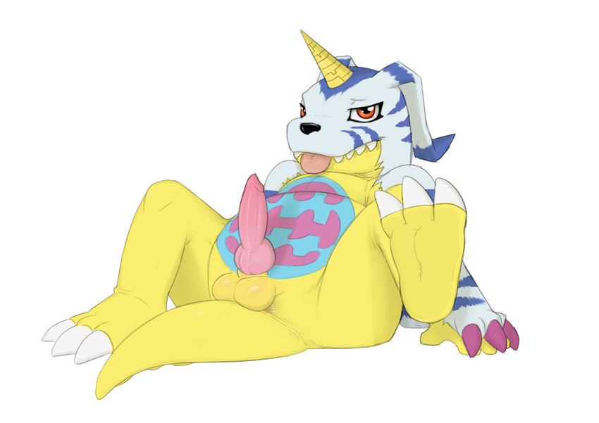 3_toes 4_fingers anthro anus balls barefoot chubby claws cute digimon dreiker erection fur gabumon half-closed_eyes happy hi_res horn knot looking_at_viewer male nude penis plain_background raised_leg sharp_teeth sitting smile solo spread_legs spreading teeth toe_claws tongue tongue_out white_background