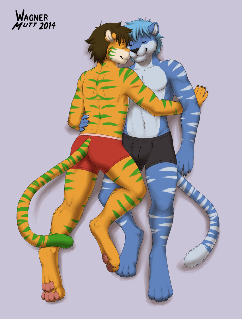 absurd_res anthro barefoot boxers duo eyes_closed face_to_face feline happy hi_res hug lying male mammal nude on_back on_front paws smile tiger topless underwear wagnermutt