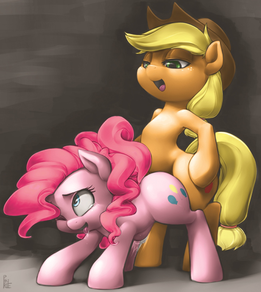 abdominal_bulge all_fours applejack_(mlp) colored cowboy_hat cutie_mark dickgirl dickgirl_on_female doggystyle duo equine female feral friendship_is_magic from_behind fucked_silly hair hat horse intersex looking_pleasured mammal my_little_pony one_eye_closed open_mouth penetration phurie pinkie_pie_(mlp) pony saliva sex smile standing tears tongue tongue_out wide_hips