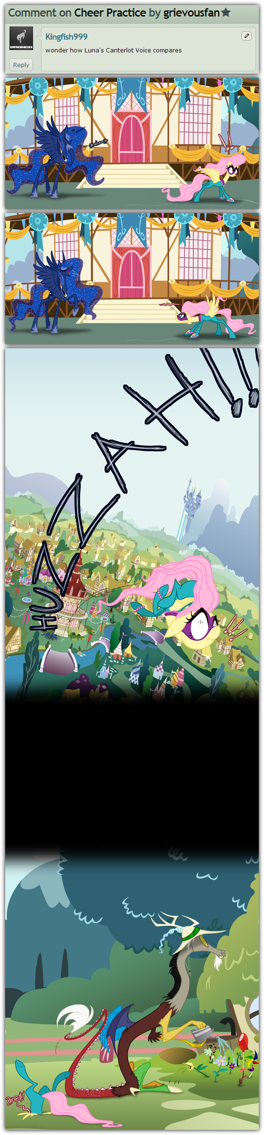 antler antlers blue_eyes building comic costume crown cutie_mark dialog discord_(mlp) draconequus english_text equine eyeshadow female flower fluttershy_(mlp) friendship_is_magic grievousfan hair hat horn horse makeup mammal mask my_little_pony necklace pink_hair pony ponyville power_ponies_(mlp) princess_luna_(mlp) sitting sparkles sun_hat text town water watering_can wings