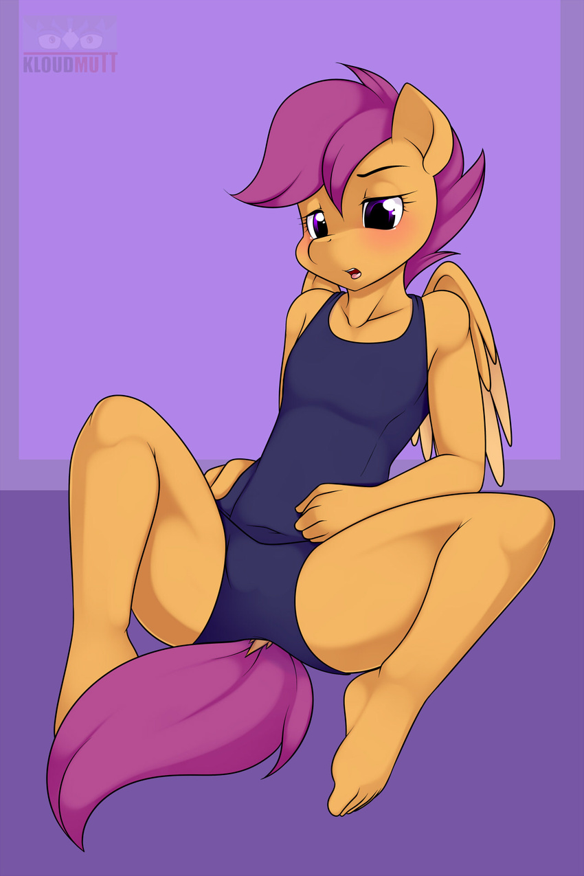 anthro anthrofied equine female friendship_is_magic hair horse human_feet kloudmutt mammal my_little_pony one-piece_swimsuit open_mouth pegasus plantigrade pony purple_eyes purple_hair scootaloo_(mlp) sitting solo spread_legs spreading swimsuit wings young