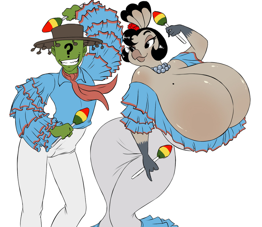 anonymous anthro avian big_breasts bird breasts chochi cleavage clothed clothing duo female huge_breasts hyper hyper_breasts male maracas necklace pavita_pechugona turkey voluptuous wide_hips