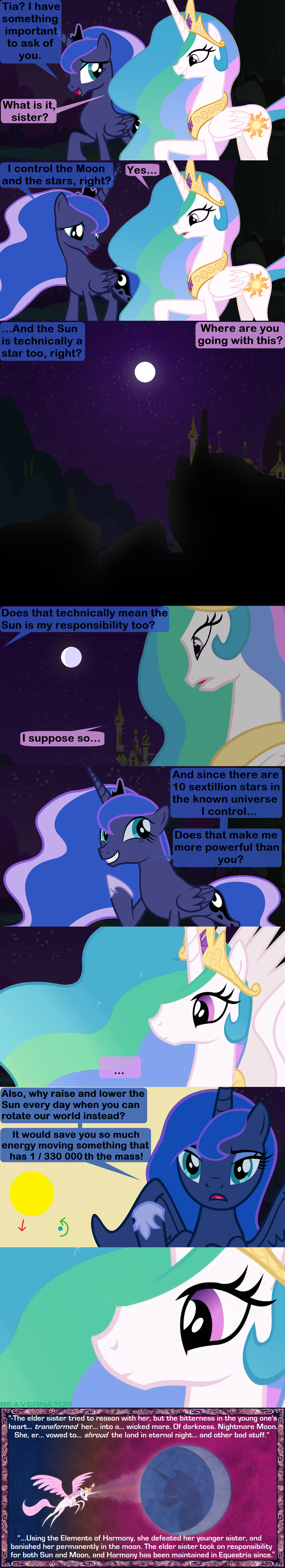 2014 absurd_res beavernator blue_eyes blue_fur blue_hair building canterlot castle comic crown cutie_mark dialog duo english_text equine female friendship_is_magic fur gold hair hi_res horn horse logic magic mammal moon mountain multi-colored_hair my_little_pony necklace night open_mouth outside pink_hair pony princess_celestia_(mlp) princess_luna_(mlp) purple_eyes sibling silhouette sisters sky smile stars sun text tongue tree white_fur winged_unicorn wings