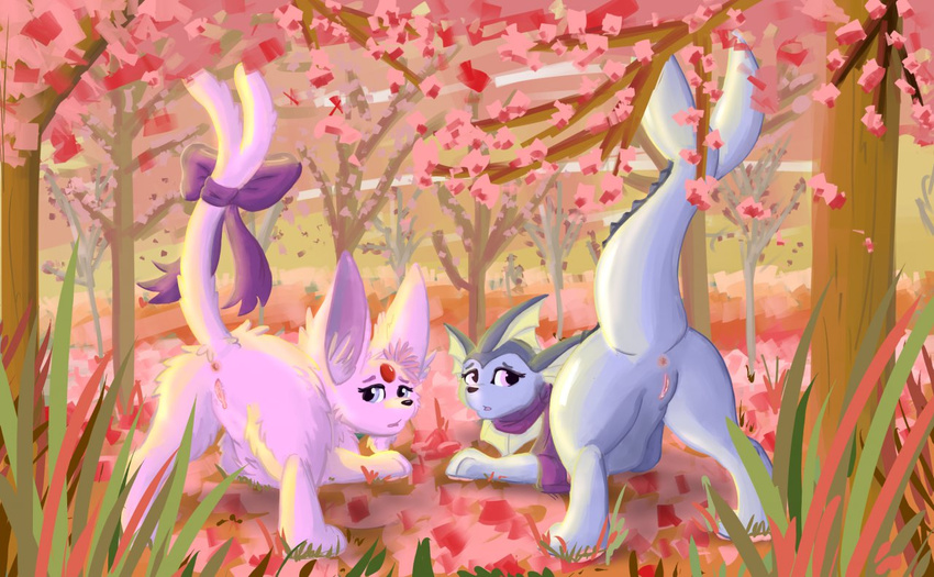 big_ears black_nose blue_body butt canine cherry_blossom eeveelution espeon espyria female feral fish_tail fluffy fuegodelalma fur grass looking_at_viewer looking_back mammal marine nintendo outside pawpads pink_eyes pink_fur pok&#233;mon pok&eacute;mon presenting presenting_hindquarters presenting_pussy pussy raised_tail ribbons scarf takara tree vaporeon video_games