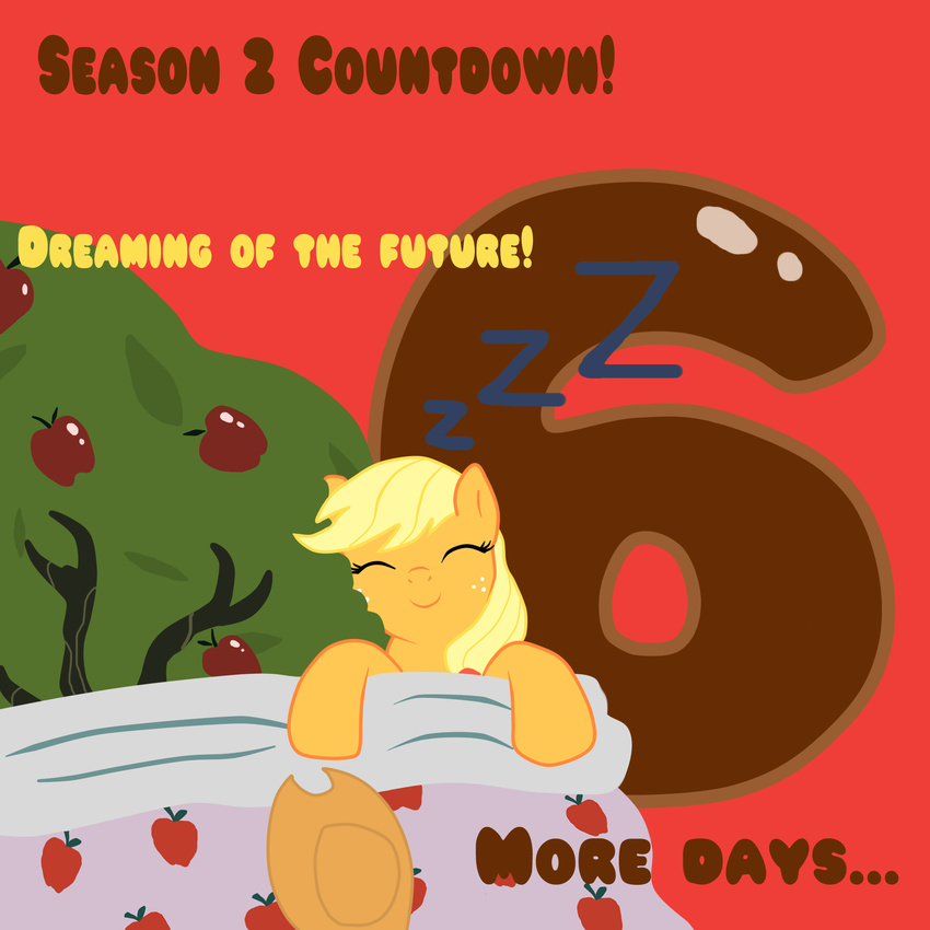 apple_tree applejack_(mlp) blonde_hair bloomberg_(mlp) cowboy_hat english_text equine eyes_closed female feral freckles friendship_is_magic fruit hair hat hi_res horse mammal my_little_pony orange_body plain_background pony quilt red_background shipomaster sleeping smile snoring solo text tree wood