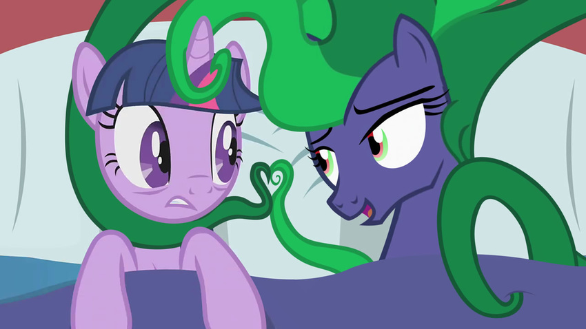 bed bedroom_eyes dtkraus equine female friendship_is_magic frown gritted_teeth horn horse lesbian mammal mane-iac_(mlp) my_little_pony pony smile tentacle_hair twilight_sparkle_(mlp) unicorn wide_eyed wide_eyes