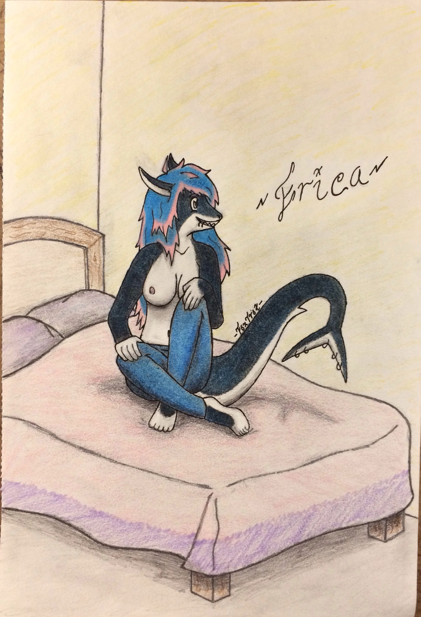 bed breasts clothing colored_pencil crossed_legs erica facial_piercing female fish foxxtrot furry-specific_piercing lip_piercing marine nipples pants piercing shark sitting smile solo tail_piercing topless traditional_media