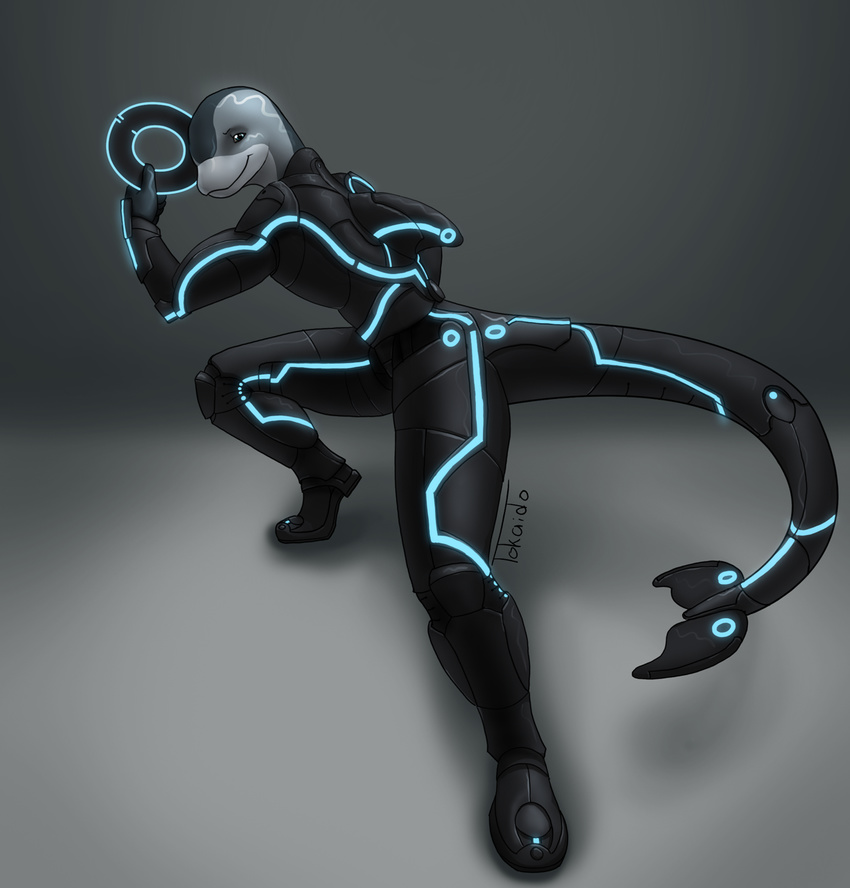 adleisio anthro armor cetacean clothing disc dolphin glowing identity_disc looking_at_viewer male mammal marine plain_background pose simple_background solo standing suit tokaido tron weapon