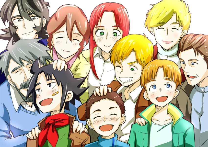 6+boys :d ;d ^_^ ^o^ ahoge alfred_izuruha aqua_jacket bandaid bandaid_on_face bangs beard bernard_wiseman black_hair blonde_hair blue_eyes blue_sweater blush brown_eyes brown_hair brown_jacket casual christina_mackenzie closed_eyes closed_mouth collared_shirt domon_kasshu facial_hair g_gundam green_eyes grin gundam gundam_0080 gundam_build_fighters hand_on_another's_head hands_on_another's_shoulders jacket kyouji_kasshu light_brown_hair long_hair long_sleeves looking_down looking_up multiple_boys multiple_girls mustache old_man one_eye_closed open_clothes open_jacket open_mouth parted_bangs petting pink_lips red_hair red_scarf rikosyegou scarf shirt sidelocks silver_hair simple_background smile sweater swept_bangs teeth turtleneck upper_body uso_ewin victory_gundam white_background white_shirt wing_collar yellow_jacket