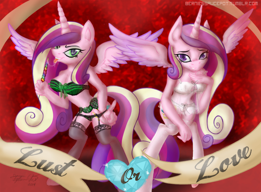 anthro anthrofied berndem-bones bra changeling duo english_text equine female friendship_is_magic fur green_eyes hair holding horn horse legwear lingerie long_hair mammal my_little_pony panties pink_fur princess_cadance_(mlp) purple_eyes queen_chrysalis_(mlp) saliva stockings text tongue tongue_out underwear winged_unicorn wings